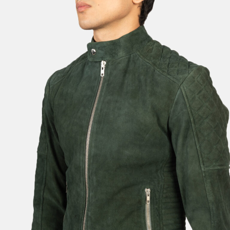 Mens Fernando Quilted Green Suede Biker Jacket Close-Up-9-1634128712632